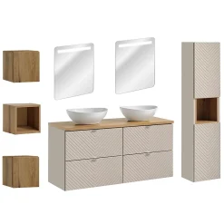 Petits-Meubles Ensemble meuble double vasque 120cm 4 tiroirs miroirs LED colonne et 3 armoires murales Manoa Cachemire et Bois