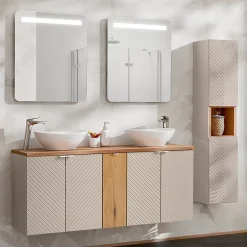 Petits-Meubles Ensemble meuble double vasque 140cm 5 portes miroirs LED et colonne Manoa Cachemire et Bois* Ensemble Meuble De Salle De Bains
