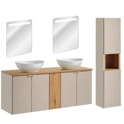 Petits-Meubles Ensemble meuble double vasque 140cm 5 portes miroirs LED et colonne Manoa Cachemire et Bois* Ensemble Meuble De Salle De Bains