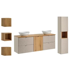 Petits-Meubles Ensemble meuble double vasque 160cm 4 tiroirs colonne et 3 armoires murales Manoa Cachemire et Bois