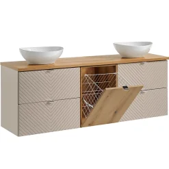 Petits-Meubles Ensemble meuble double vasque 160cm 4 tiroirs colonne et 3 armoires murales Manoa Cachemire et Bois