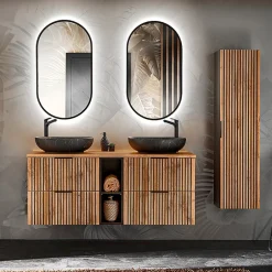 Petits-Meubles Ensemble meuble double vasque 140cm 2 niches et colonne Gaia Bois et Noir - Vasque Noir* Ensemble Meuble De Salle De Bains