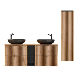 Petits-Meubles Ensemble meuble double vasque 140cm 2 niches et colonne Gaia Bois et Noir - Vasque Noir* Ensemble Meuble De Salle De Bains