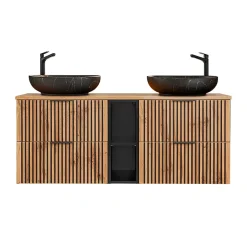 Petits-Meubles Ensemble meuble double vasque 140cm 2 niches et colonne Gaia Bois et Noir - Vasque Noir* Ensemble Meuble De Salle De Bains