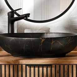 Petits-Meubles Ensemble meuble double vasque 140cm 2 niches et colonne Gaia Bois et Noir - Vasque Noir* Ensemble Meuble De Salle De Bains