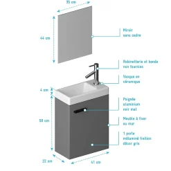Aurlane Ensemble Meuble Lave Mains Gris 41x50x22cm + Miroir - SMALLY GREY