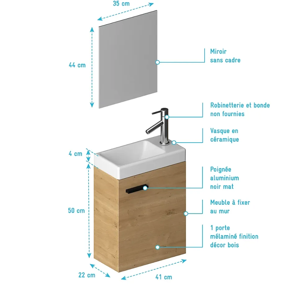 Aurlane Ensemble Meuble Lave Mains décor Bois 41x50x22cm + Miroir - SMALLY WOOD* Lavabo