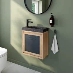 Homesight Ensemble meuble lave-mains à suspendre Indus chêne massif l.44 cm + plan vasque lave-mains effet marbre noir* Lave-Mains