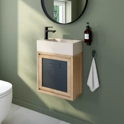 Homesight Ensemble meuble lave-mains à suspendre Indus chêne massif l.44 cm + plan vasque lave-mains béton beige* Lave-Mains