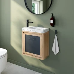 Homesight Ensemble meuble lave-mains à suspendre Indus chêne massif l.44 cm + plan vasque lave-mains terrazzo