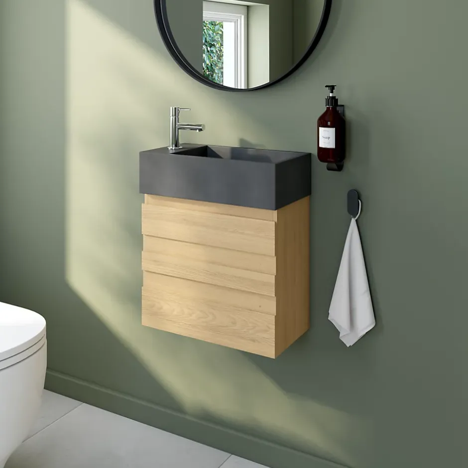 Homesight Ensemble meuble lave-mains Etty effet chêne l.44 cm + plan vasque lave-mains béton gris* Lave-Mains