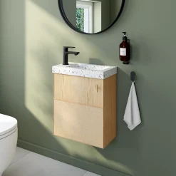 Homesight Ensemble meuble lave-mains Java effet chêne clair et jute l.44 cm + plan vasque lave-mains terrazzo* Lave-Mains