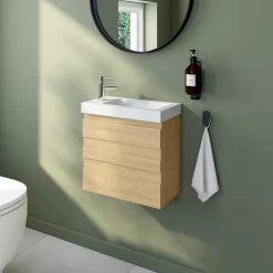 Homesight Ensemble meuble lave-mains Etty effet chêne l.44 cm + plan vasque lave-mains blanc en céramique Nira* Lave-Mains