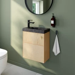 Homesight Ensemble meuble lave-mains Java effet chêne clair et jute l.44 cm + plan vasque lave-mains effet marbre noir