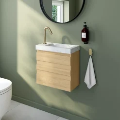 Homesight Ensemble meuble lave-mains Etty effet chêne l.44 cm + plan vasque lave-mains effet marbre blanc