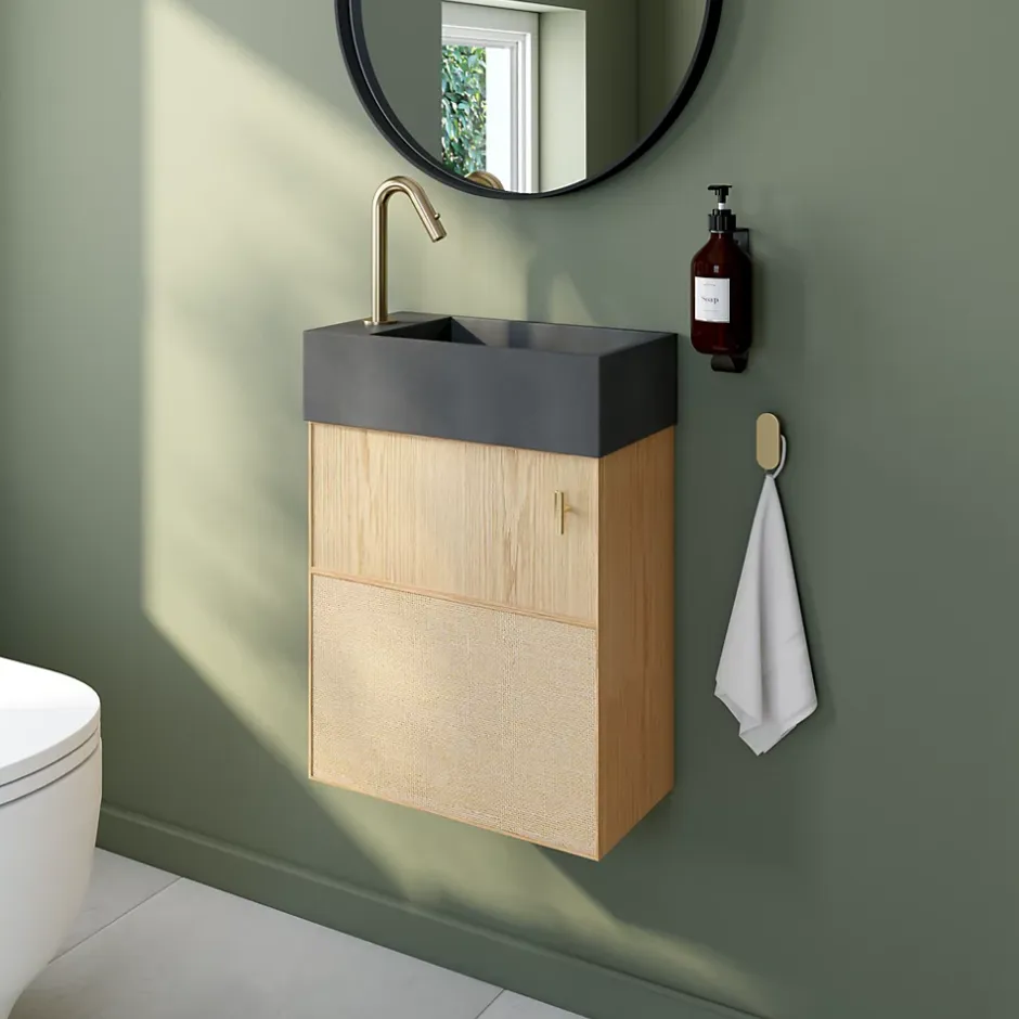 Homesight Ensemble meuble lave-mains Java effet chêne clair et jute l.44 cm + plan vasque lave-mains béton gris