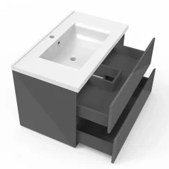 AICA Sanitaire Ensemble meuble salle de bain 80 cm anthracite brillant avec 2 tiroirs, lavabo céramique simple + colonne haute, suspendu* Ensemble Meuble De Salle De Bains