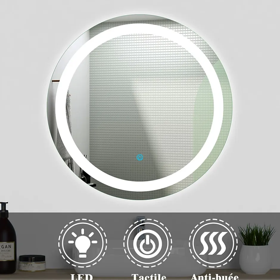 AICA Sanitaire Ensemble meuble Salle de Bain 50cm Blanc simple vasque + miroir lumineux rond* Ensemble Meuble De Salle De Bains
