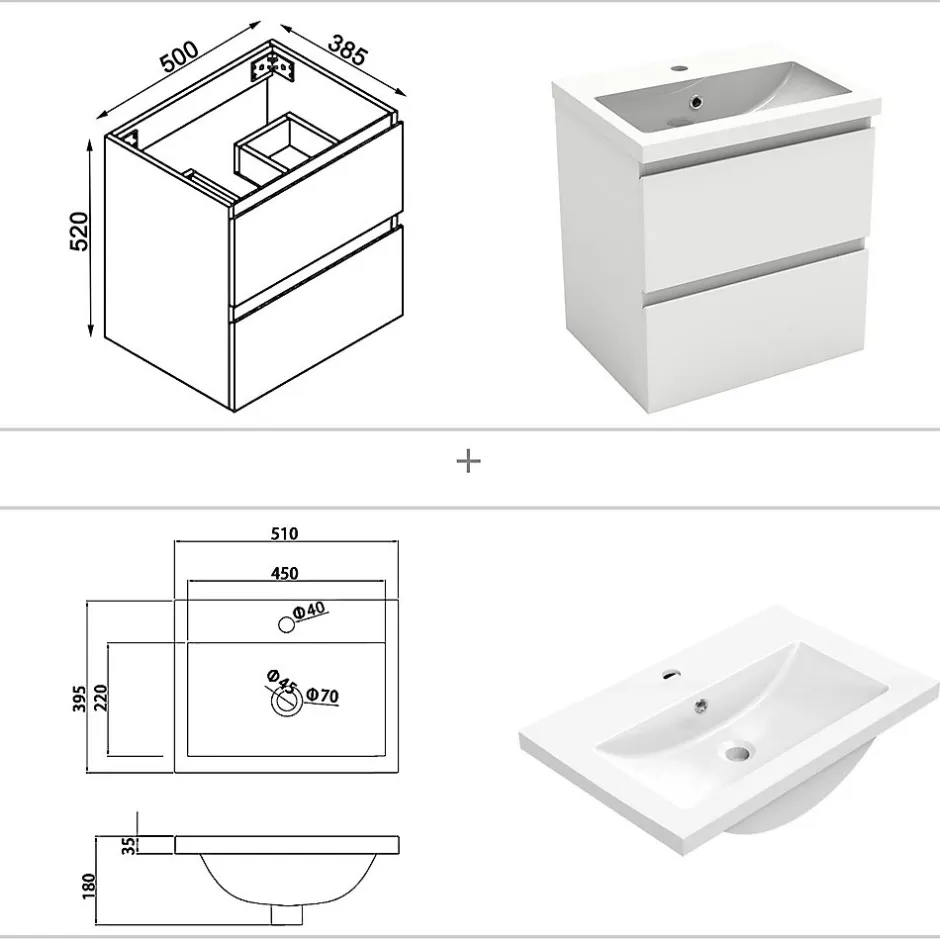 AICA Sanitaire Ensemble meuble Salle de Bain 50cm Blanc simple vasque + miroir lumineux rond* Ensemble Meuble De Salle De Bains