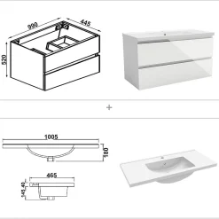AICA Sanitaire Ensemble meuble salle de bain 100 cm blanc brillant avec 2 tiroirs, lavabo céramique simple + colonne, suspendu