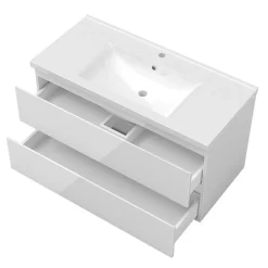 AICA Sanitaire Ensemble meuble salle de bain 100 cm blanc brillant avec 2 tiroirs, lavabo céramique simple + colonne, suspendu