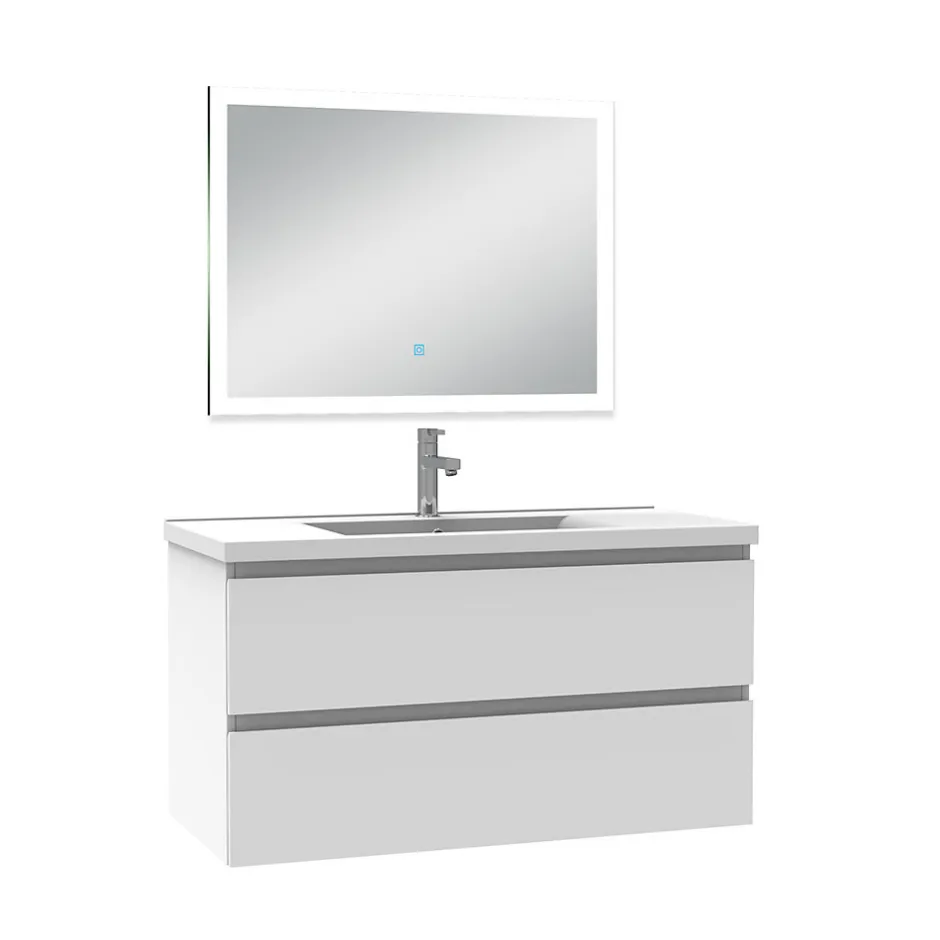 AICA Sanitaire Ensemble meuble Salle de Bain 100cm simple vasque et miroir lumineux 3 couleurs et dimmable blanc* Ensemble Meuble De Salle De Bains