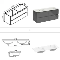 AICA Sanitaire Ensemble meuble salle de bain 120 cm anthracite brillant avec 4 tiroirs, double lavabo céramique + colonne haute x2, suspendu* Ensemble Meuble De Salle De Bains