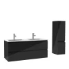 AICA Sanitaire Ensemble meuble salle de bain 120 cm noir brillant avec 4 tiroirs, double lavabo céramique + colonne, suspendu* Ensemble Meuble De Salle De Bains