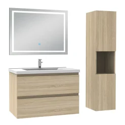 AICA Sanitaire Ensemble meuble salle de Bain 80cm avec colonne et miroir 3 couleurs Chêne Wotan* Ensemble Meuble De Salle De Bains