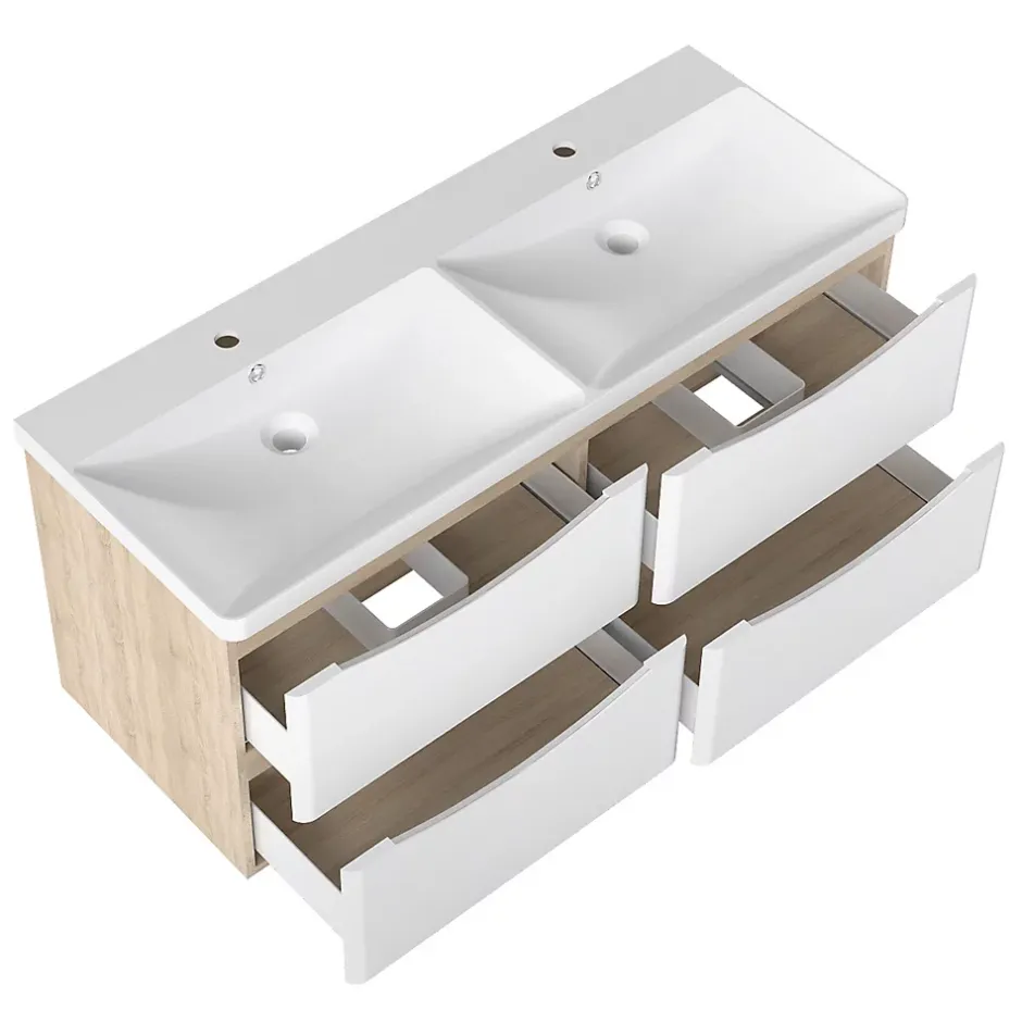 AICA Sanitaire Ensemble Meuble Salle de Bain Suspendu 120cm, Blanc + Chêne, Moderne, Grand Tiroir,