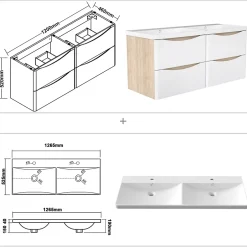 AICA Sanitaire Ensemble Meuble Salle de Bain Suspendu 120cm, Blanc + Chêne, Moderne, Grand Tiroir,