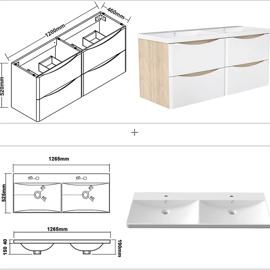 AICA Sanitaire Ensemble Meuble Salle de Bain Suspendu 120cm, Blanc + Chêne, Moderne, Grand Tiroir,