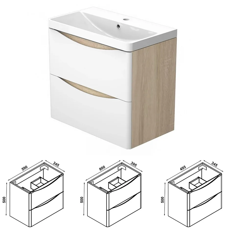 AICA Sanitaire Ensemble Meuble Salle de Bain Suspendu 120cm, Blanc + Chêne, Moderne, Grand Tiroir,