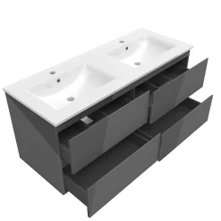 AICA Sanitaire Ensemble meuble salle de bain 120 cm anthracite brillant avec 4 tiroirs, double lavabo céramique + colonne, suspendu* Ensemble Meuble De Salle De Bains