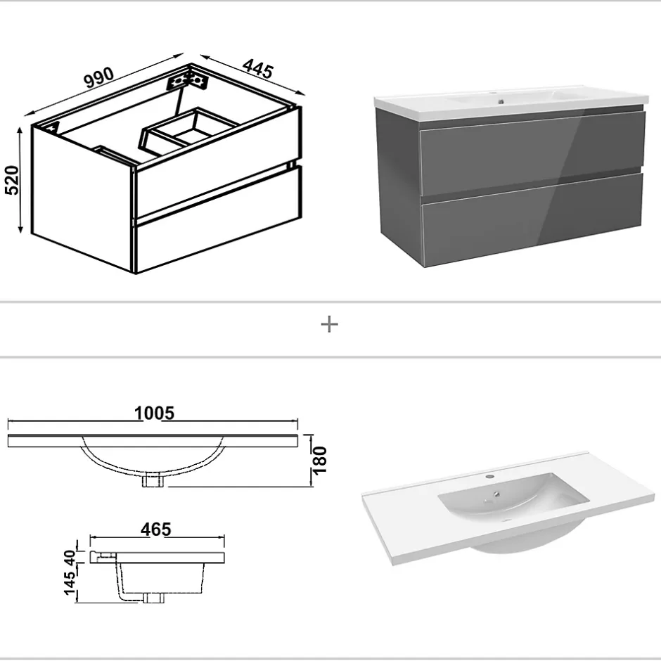 AICA Sanitaire Ensemble meuble salle de bain 100 cm anthracite brillant avec 2 tiroirs, lavabo céramique simple + colonne haute x2, suspendu