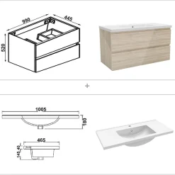 AICA Sanitaire Ensemble meuble salle de bain 100 cm Chêne Wotan brillant avec 2 tiroirs, lavabo céramique simple + colonne, suspendu