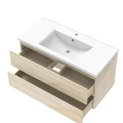 AICA Sanitaire Ensemble meuble salle de bain 100 cm Chêne Wotan brillant avec 2 tiroirs, lavabo céramique simple + deux colonnes, suspendu* Ensemble Meuble De Salle De Bains