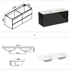 AICA Sanitaire Ensemble meuble salle de bain 120 cm noir brillant avec 4 tiroirs, double lavabo céramique + colonne haute x2, suspendu