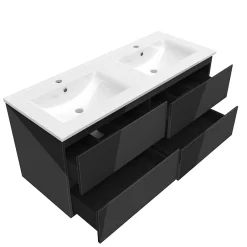 AICA Sanitaire Ensemble meuble salle de bain 120 cm noir brillant avec 4 tiroirs, double lavabo céramique + colonne haute x2, suspendu