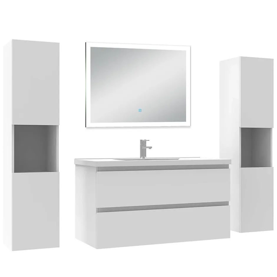 AICA Sanitaire Ensemble meuble Salle de Bain 100cm avec colonne + miroir lumineux dimmable blanc