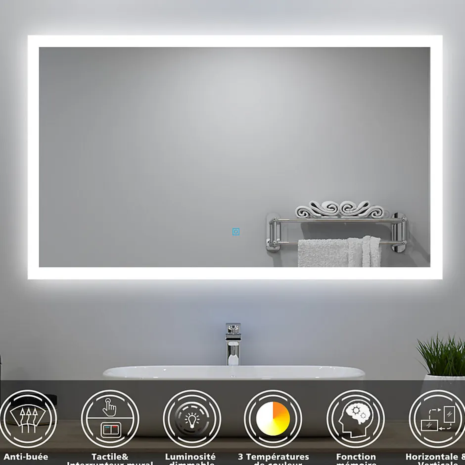 AICA Sanitaire Ensemble meuble Salle de Bain 100cm avec colonne + miroir lumineux dimmable blanc