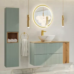 Petits-Meubles Ensemble meuble simple vasque 100cm et colonne Jade Vert et Bois