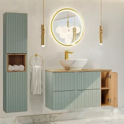 Petits-Meubles Ensemble meuble simple vasque 100cm et colonne Jade Vert et Bois