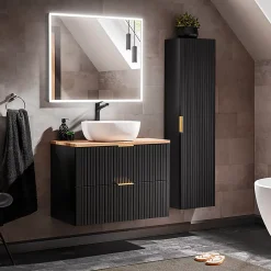 Petits-Meubles Ensemble meuble simple vasque 80cm et colonne Adriel Noir et Bois