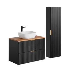 Petits-Meubles Ensemble meuble simple vasque 80cm et colonne Adriel Noir et Bois
