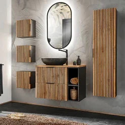 Petits-Meubles Ensemble meuble simple vasque 80cm 2 niches miroir LED colonne et 3 armoires murales Gaia Bois et Noir - Vasque Noir