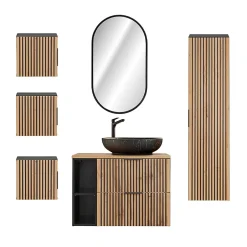 Petits-Meubles Ensemble meuble simple vasque 80cm 2 niches miroir LED colonne et 3 armoires murales Gaia Bois et Noir - Vasque Noir