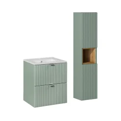 Petits-Meubles Ensemble meuble simple vasque encastree 50cm 2 tiroirs et colonne Jade Vert et Bois* Ensemble Meuble De Salle De Bains
