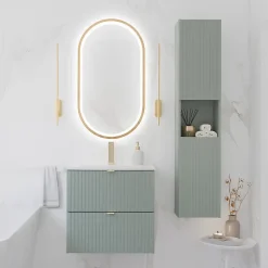 Petits-Meubles Ensemble meuble simple vasque encastree 50cm 2 tiroirs et colonne Jade Vert et Bois* Ensemble Meuble De Salle De Bains