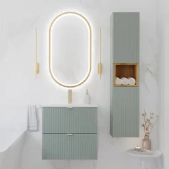 Petits-Meubles Ensemble meuble simple vasque encastree 60cm 2 tiroirs et colonne Jade Vert et Bois